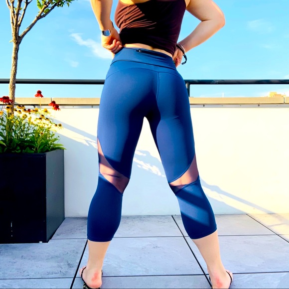 ALALA High Waist Satin Capri Mesh Panels Sheer Royal Blue Crop Jogger - Picture 9 of 16